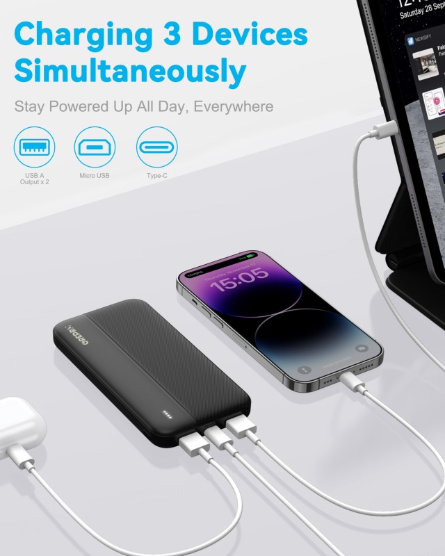 PowerBank 10000mAh, GREPRO 2.4A Portable Charger Power bank with Type-C + Micro 2 Input and 2 USB + 1 Type-C Output Ports for Smartphones, Tablets and More