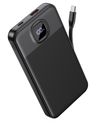 GREPRO Power Bank with Built in C Cable, 10000mAh 22.5W Fast Charging Portable Charger with 2 USB-C + USB-A Output Ports for iPhone 17 16 15 Pro Max phones and Tablets