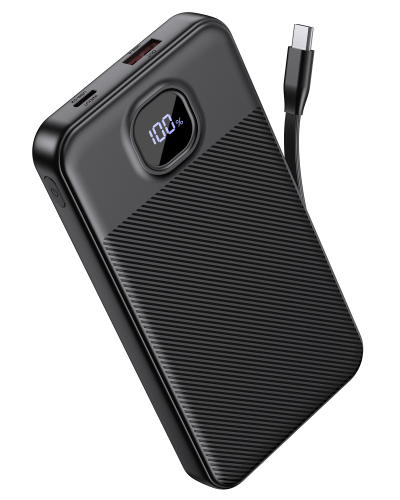GREPRO Power Bank with Built in C Cable, 10000mAh 22.5W Fast Charging Portable Charger with 2 USB-C + USB-A Output Ports for iPhone 17 16 15 Pro Max phones and Tablets
