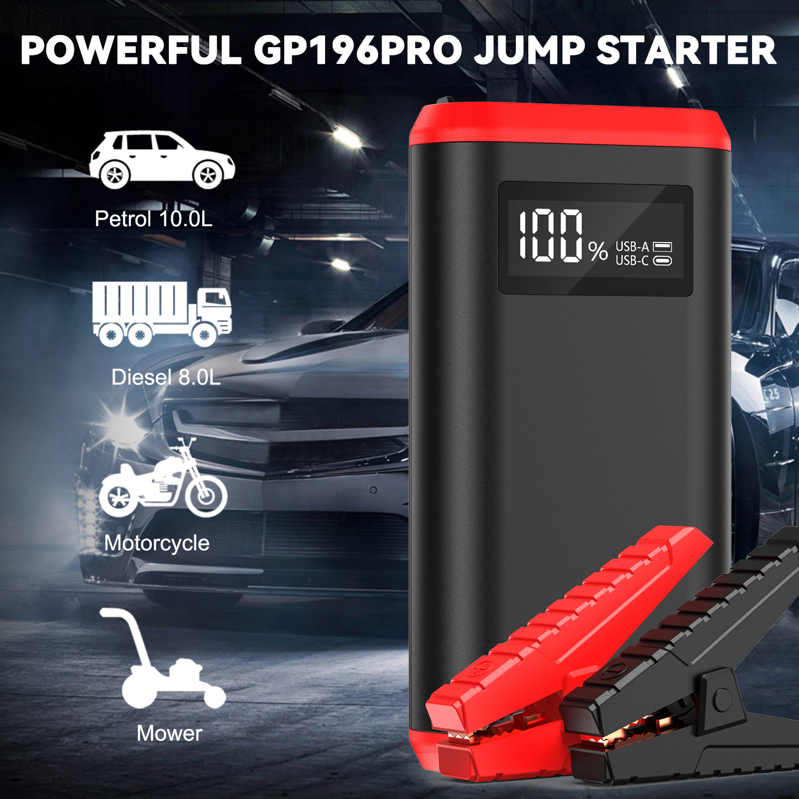 GREPRO 6000A Jump Starter Power Pack, up to 10.0L Gas, 8.0L Diesel Emergency Roadside, LCD Display and LED Flashlight, Car Battery Booster Jump Starter for 12V Vehicles, Motorcycle