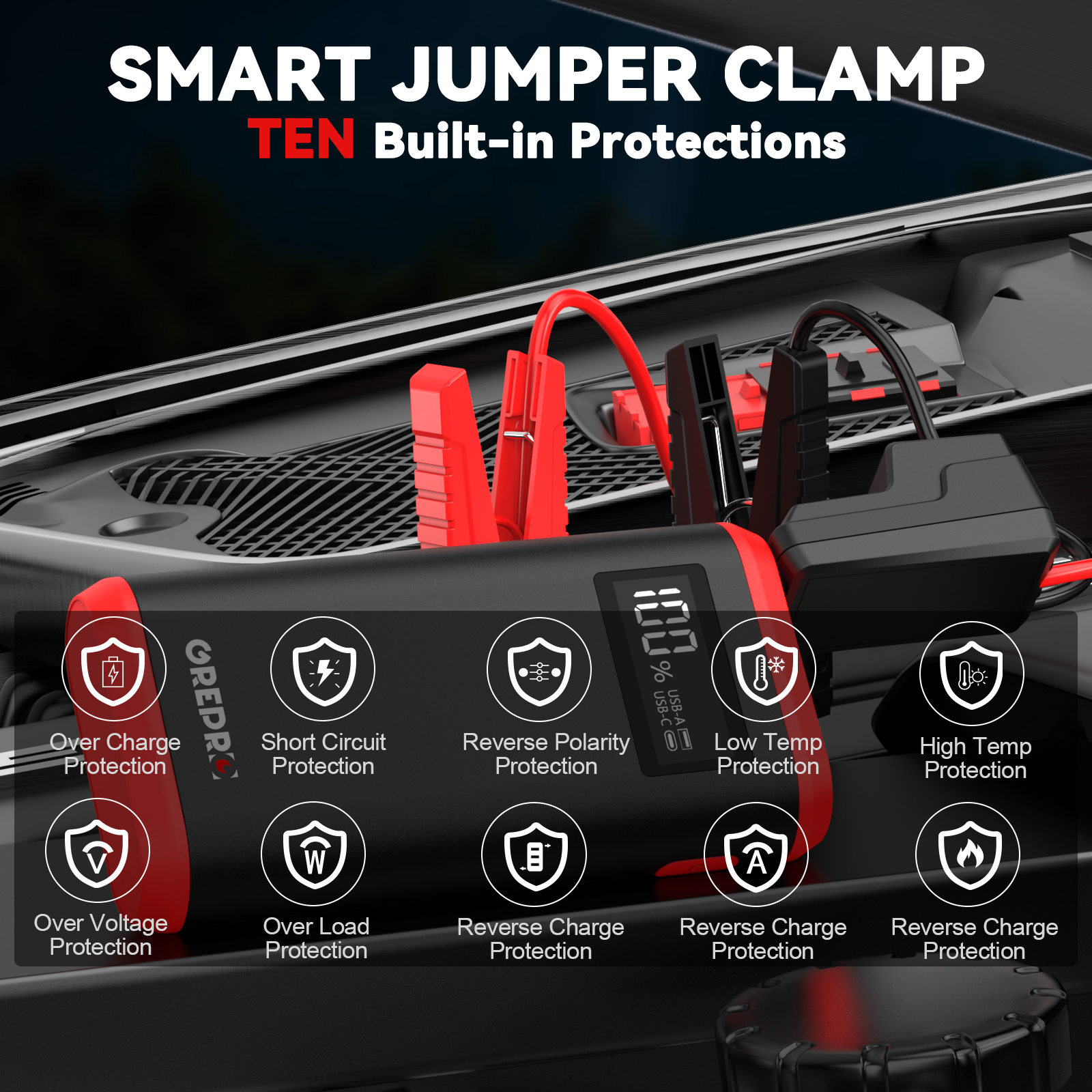 GREPRO 6000A Jump Starter Power Pack, up to 10.0L Gas, 8.0L Diesel Emergency Roadside, LCD Display and LED Flashlight, Car Battery Booster Jump Starter for 12V Vehicles, Motorcycle