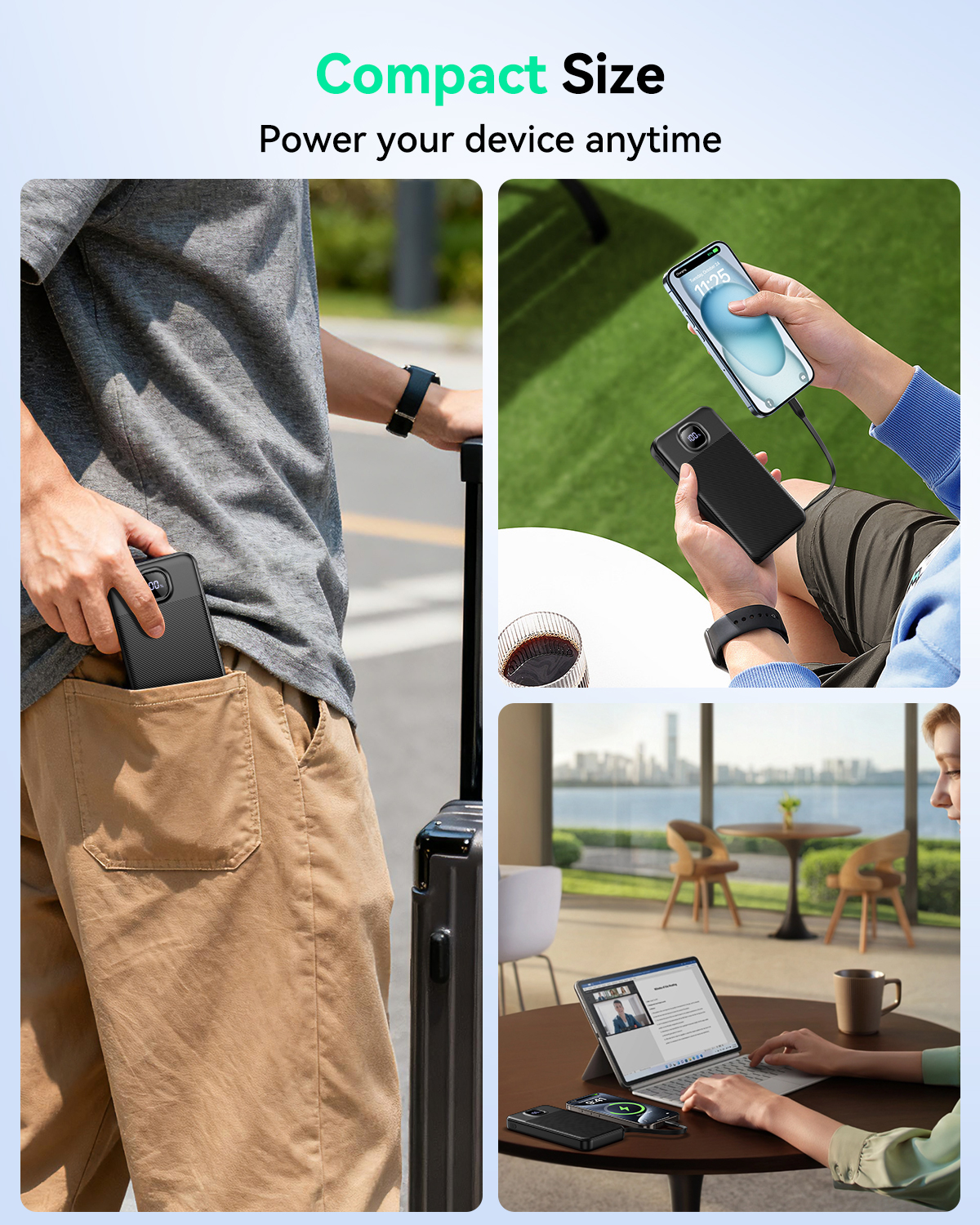 GREPRO Power Bank with Built in C Cable, 10000mAh 22.5W Fast Charging Portable Charger with 2 USB-C + USB-A Output Ports for iPhone 17 16 15 Pro Max phones and Tablets