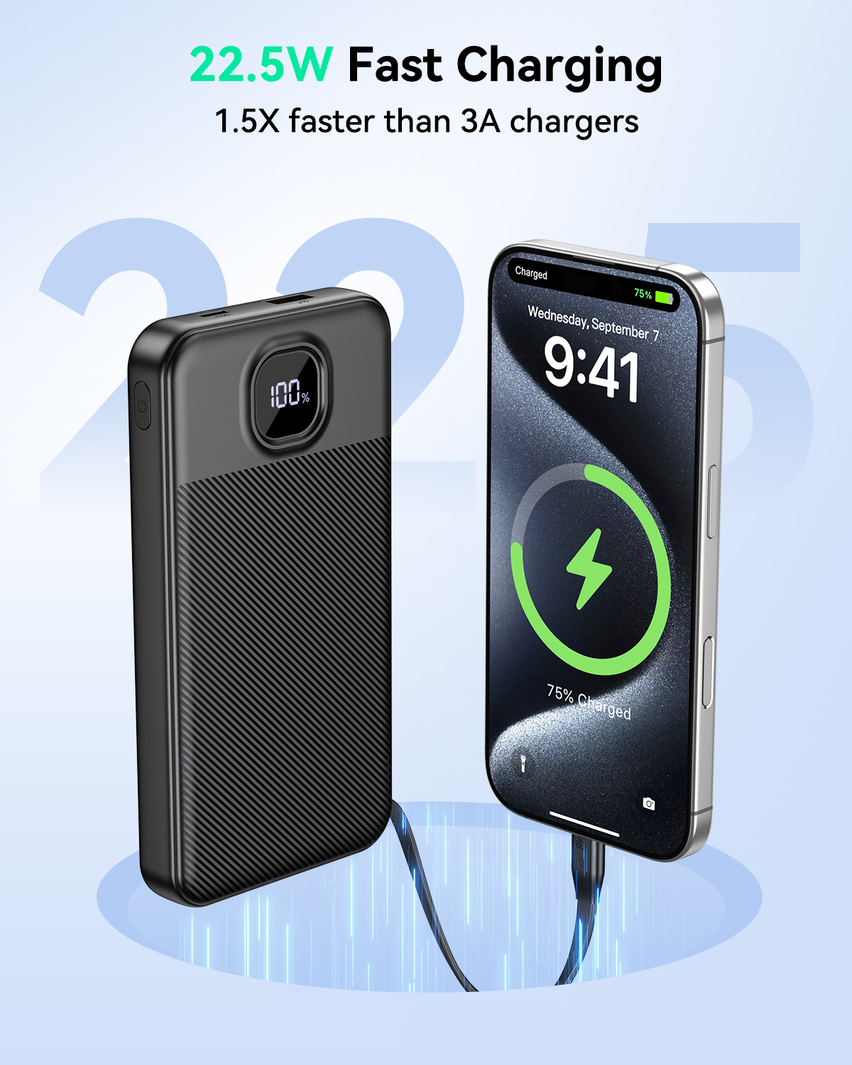 GREPRO Power Bank with Built in C Cable, 10000mAh 22.5W Fast Charging Portable Charger with 2 USB-C + USB-A Output Ports for iPhone 17 16 15 Pro Max phones and Tablets