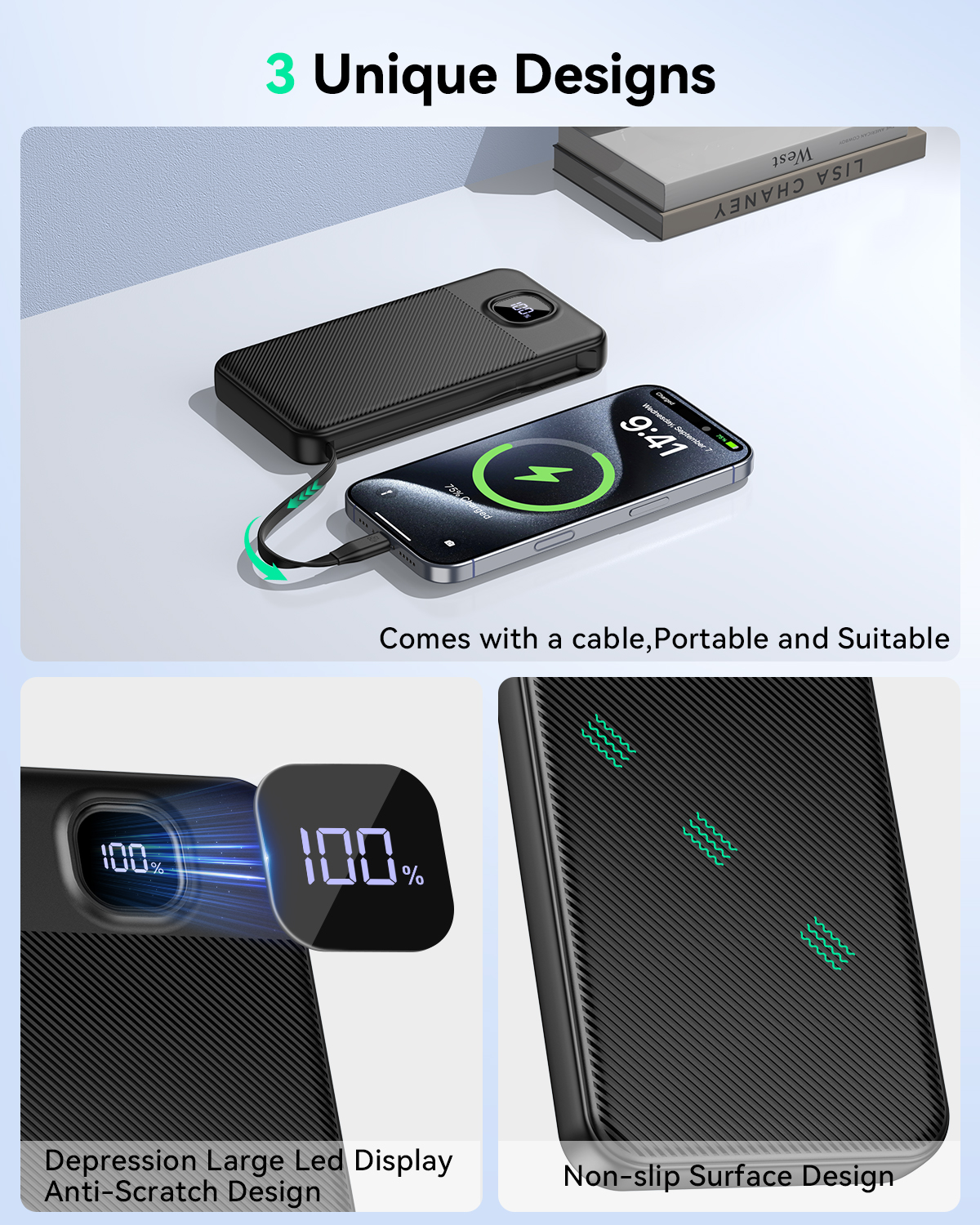 GREPRO Power Bank with Built in C Cable, 10000mAh 22.5W Fast Charging Portable Charger with 2 USB-C + USB-A Output Ports for iPhone 17 16 15 Pro Max phones and Tablets