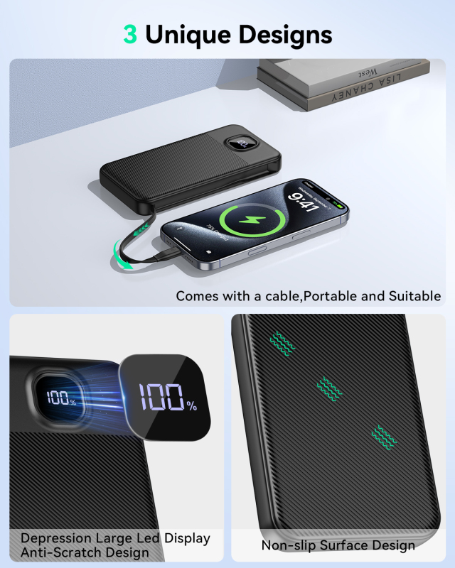 GREPRO Power Bank with Built in C Cable, 10000mAh 22.5W Fast Charging Portable Charger with 2 USB-C + USB-A Output Ports for iPhone 17 16 15 Pro Max phones and Tablets