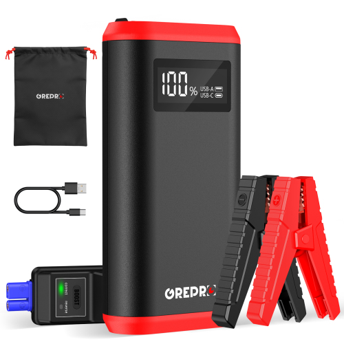 GREPRO 6000A Jump Starter Power Pack, up to 10.0L Gas, 8.0L Diesel Emergency Roadside, LCD Display and LED Flashlight, Car Battery Booster Jump Starter for 12V Vehicles, Motorcycle