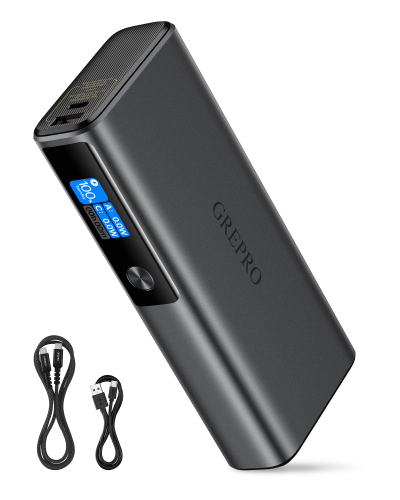GREPRO Laptop Power Bank 100W 20000mAh for MacBook Pro/Air iPhone 17/16/15 Pro Max Aluminum Alloy and TFT Display 130W Max with 2 USB-C and USB-A Outputs Airplane Compatible
