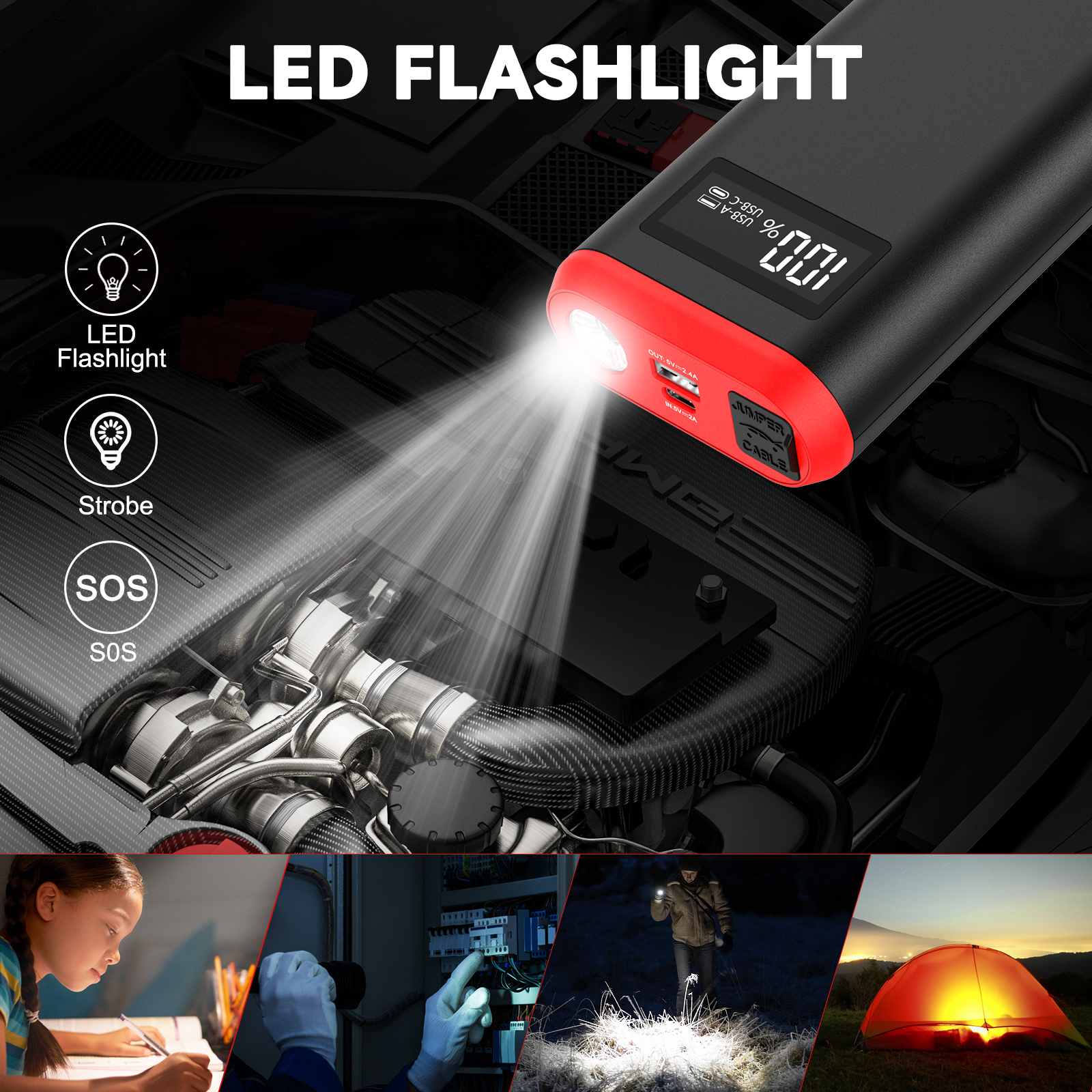 GREPRO 6000A Jump Starter Power Pack, up to 10.0L Gas, 8.0L Diesel Emergency Roadside, LCD Display and LED Flashlight, Car Battery Booster Jump Starter for 12V Vehicles, Motorcycle