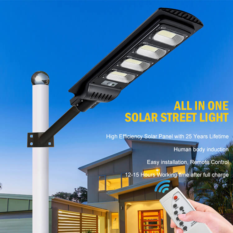 Lámpara de calle solar Sensor de movimiento de inducción de alto lumen Impermeable Luminaria integrada al aire libre Carretera Led Jardín Luces de calle solares