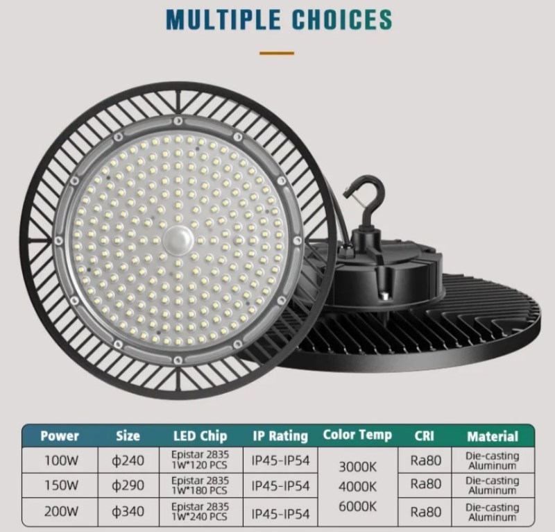 Éclairage industriel commercial 100 W 150 W 200 W IP65 rond UFO LED High Bay Light entrepôt atelier Highbay Lamp
