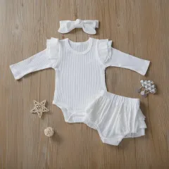 Baby girls 3 piece shorts bodysuit outfit with headband set