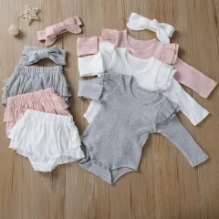 Baby girls 3 piece shorts bodysuit outfit with headband set