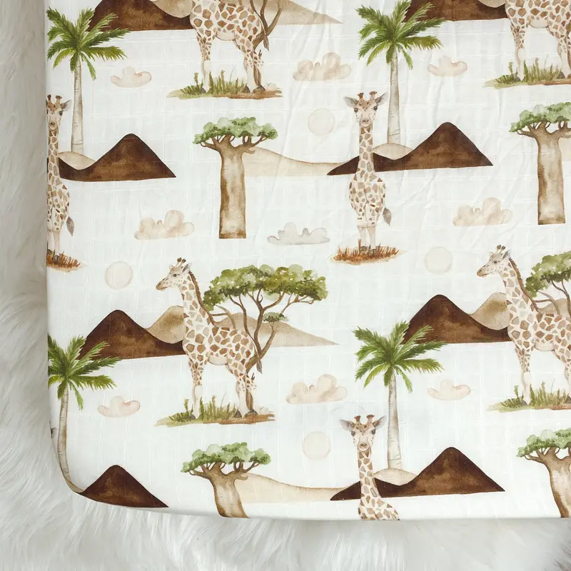 giraffe and tree digital printed baby cotton fitted sheet