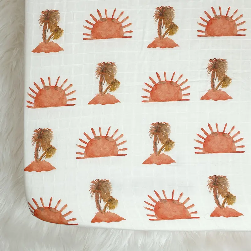 sunset with tree digital printed baby cotton fitted sheet