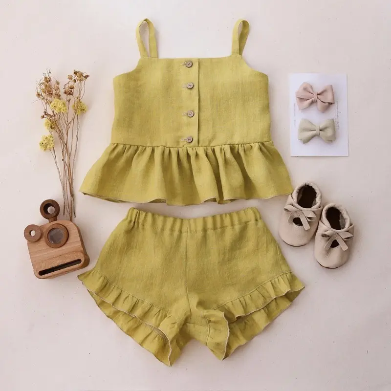 cute Linen cotton short sleeve jumpsuit for baby girl