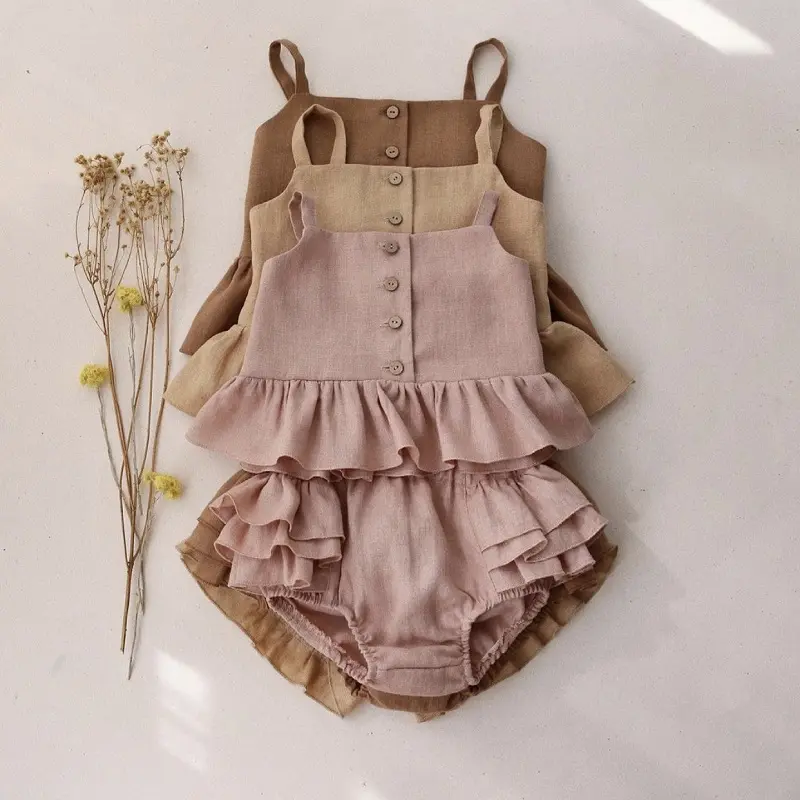 Linen cotton short sleeve jumpsuit for baby girl