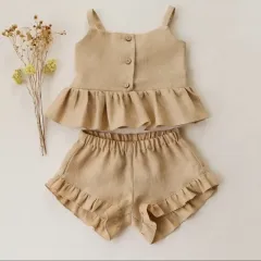 Linen cotton short sleeve jumpsuit for baby girl