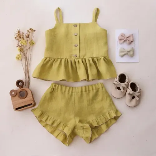 Linen cotton short sleeve jumpsuit for baby girl