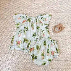 Organic Bamboo Cotton Gauze Breathable Soft Short Sleeve Shorts Set for baby girl