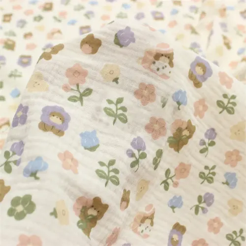 Double Gauze 100% Cotton Muslin Fabric by Yard, Natural Fabric for Baby, 5  Prints, Bear Fabric, Flower Print, Picnic Pattern, Baby Blanket