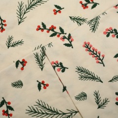 Christmas Holly Berry & Pine Branch Embroidered Cotton Fabric