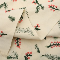 Christmas Holly Berry & Pine Branch Embroidered Cotton Fabric