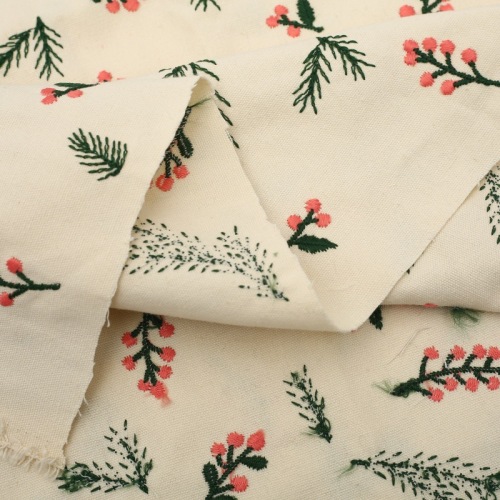 Christmas Holly Berry & Pine Branch Embroidered Cotton Fabric