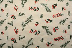 Christmas Holly Berry & Pine Branch Embroidered Cotton Fabric