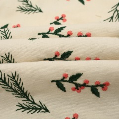 Christmas Holly Berry & Pine Branch Embroidered Cotton Fabric
