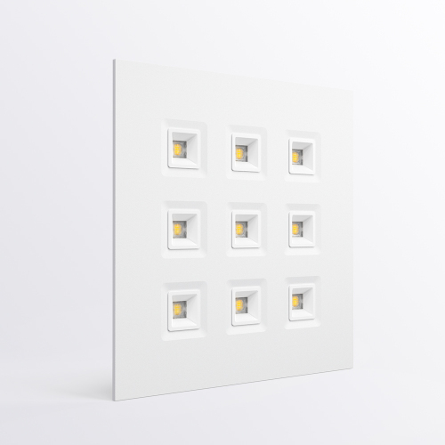 Rhea 9 パネル ライト - 低グレア UGR < 13、高効率 150 lm/w、オフィス、ショッピング モール、地下鉄、ロビーなどに最適。