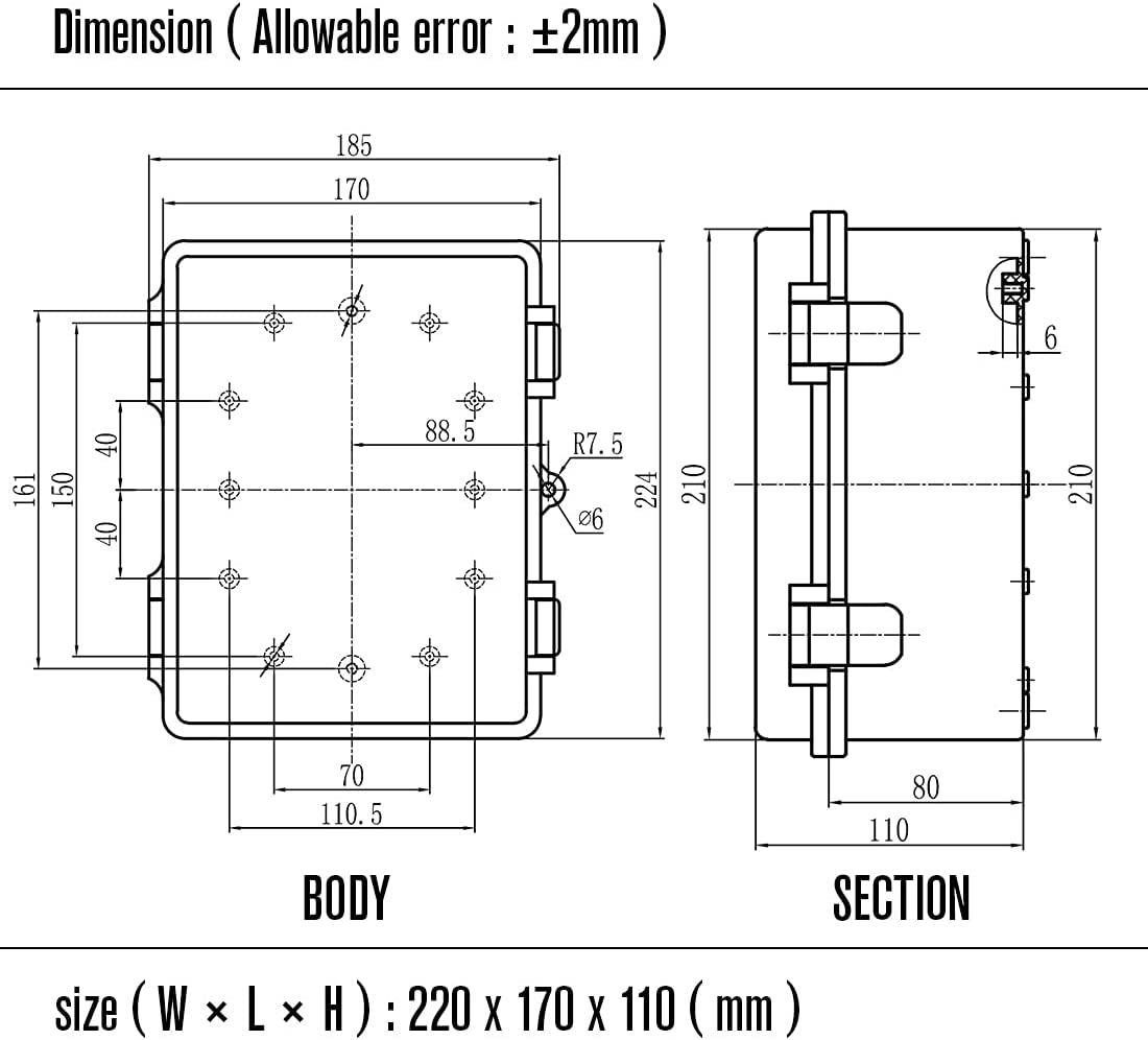 Hinged weatherproof enclosure for electronics junction box IP65 outdoor waterproof electronics device box plastic housing case for circuit board 220x170x110mm