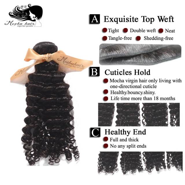 Mocha Hair  Brazilian Virgin Hair Deep Wave 100% Human Hair Weave 3 Bundles Natural Color 12"-28" Free Shipping