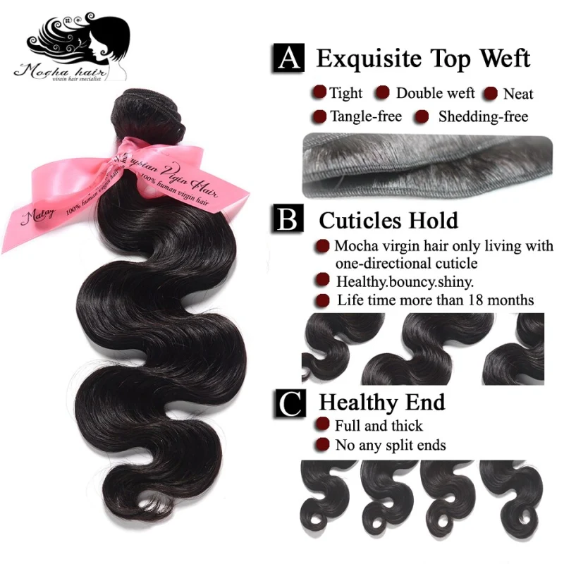 MOCHA Hair 10A Malaysian Virgin Hair Weave Bundles Body Wave 10-26“ Unprocessed Human Hair Extension Natural Color Free Shipping