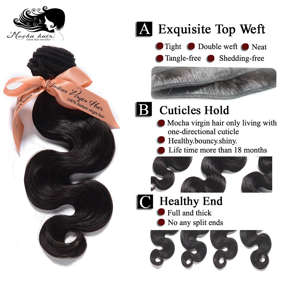 Mocha Hair Body Wave 10A Indian Virgin Hair  extension 12inch-26inch Nature Color  100% Human Hair Weaves