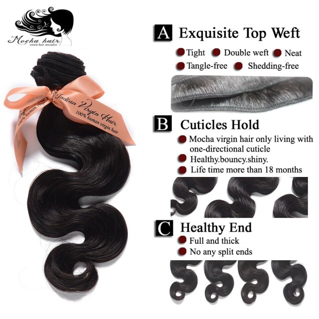 Mocha Hair Body Wave 10A Indian Virgin Hair  extension 12inch-28inch Nature Color  100% Human Hair Weaves