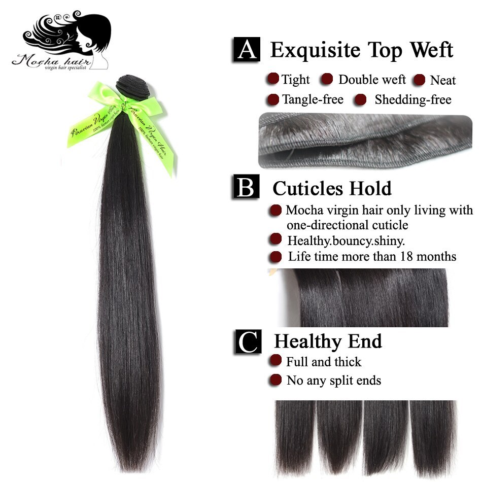 MOCHA Hair  10A Peruvian Straight  Virgin Hair Human Hair Bundles Natural Color 3 Bundles  Hair Extension Can Be Dyed