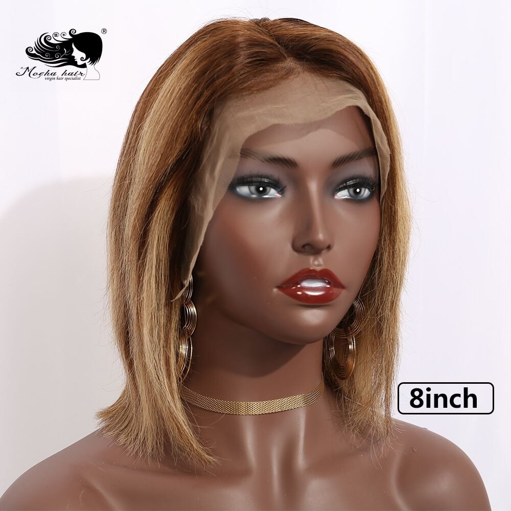 Mochahair Short Bob Ombre 4/27 Color Straight Hair Lace Front  Wigs Brazilian Remy Hair Pre-Plucked Wigs Middle Ratio 8”-16"