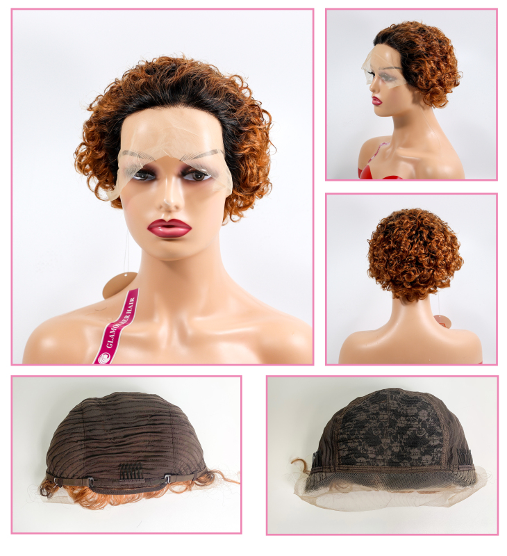 Brazilian Remy Short Natural Curly Glueless Human Wigs Pixie Cut Wig Ombre Short Machine Made Human Hair Wig T30 Color