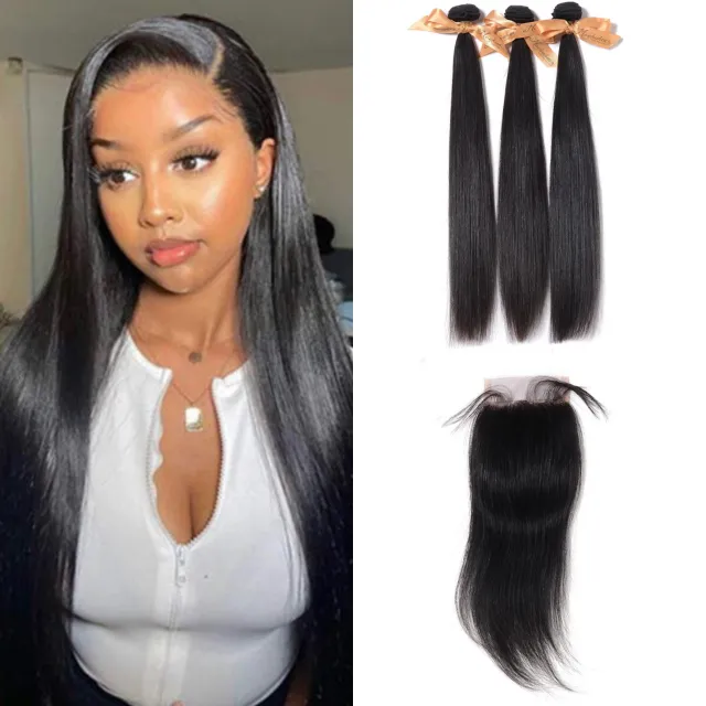 MOCHA Hair 10A  Brazilian Straight Virgin Hair 3 Bundles With One 4* 4 Lace Closure 100% Human Hair Free shipping