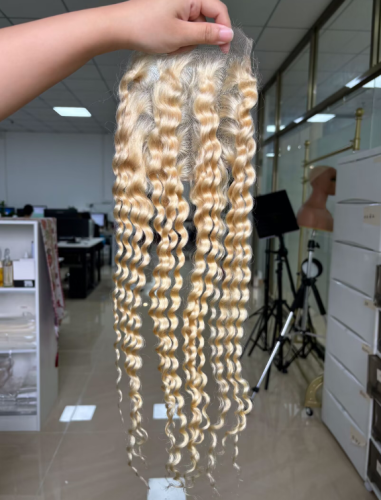 Blonde Deep wave Transparent lace Closure Top quality hair Pre-Plucked