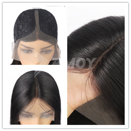 Amoy Virgin Hair T Part Natural Black Hairline Straight Human Hair Lace Wigs