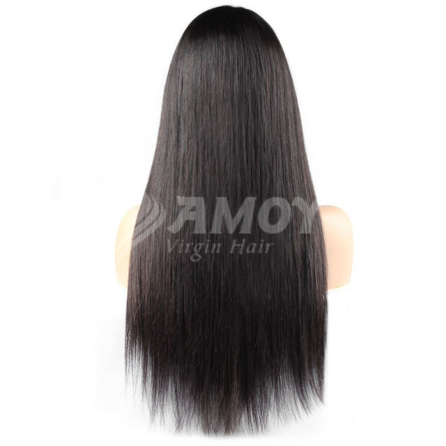 Amoy Virgin Hair T Part Natural Black Hairline Straight Human Hair Lace Wigs