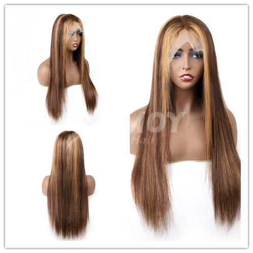 Amoy Virgin Hair 5*5 P4/27 Highlight Honey Blonde Straight Human Hair Lace Front Wigs