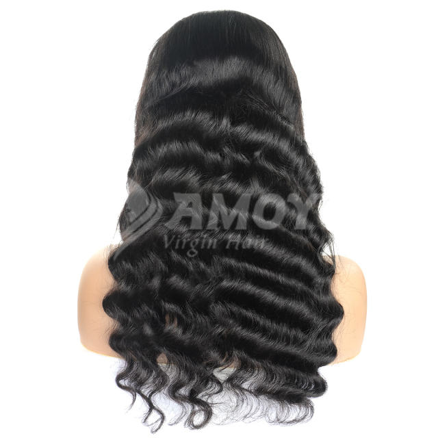 Amoy Virgin Hair T Part Natural Black Hairline Loose Deep Human Hair Lace Wigs