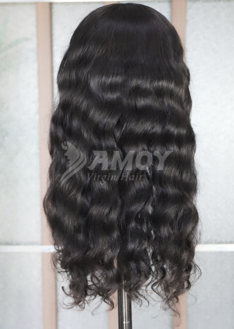 Amoy Virgin Hair T part Part Natural Black Hairline Loose Wave Human Hair Lace Wigs