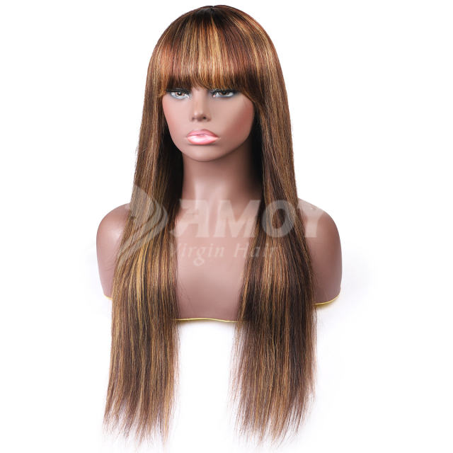 【Amoy Virgin Hair】 P4/24# High Light  Machine Made Long Straight Virgin Hair Wigs 130%-180% Density