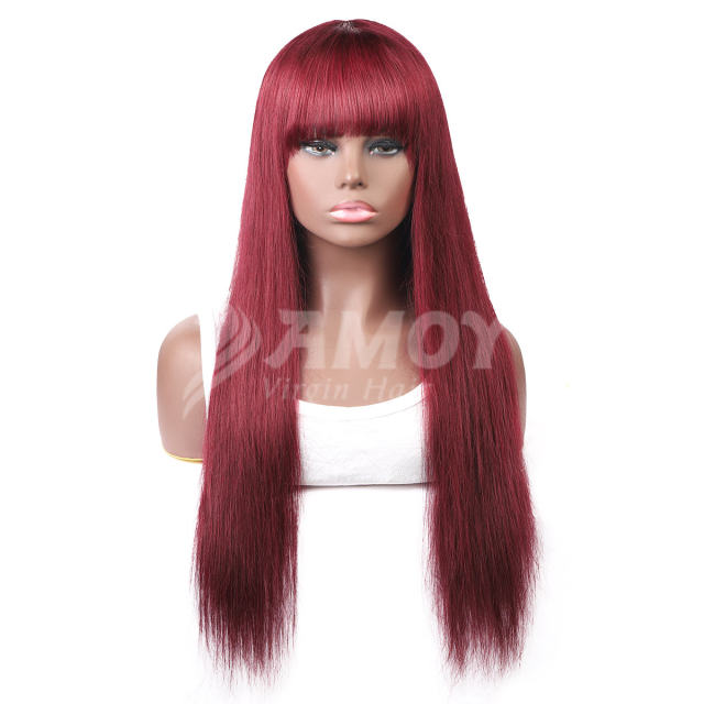 【Amoy Virgin Hair】 99J# Machine Made Long Straight Virgin Hair Wigs 130%-180% Density