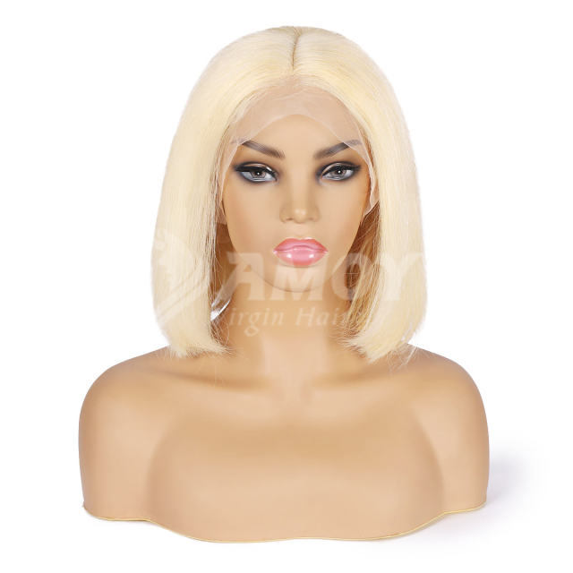 Amoy Virgin Hair T Part Short 613# Straight Bob Lace Front Wig Human Hair