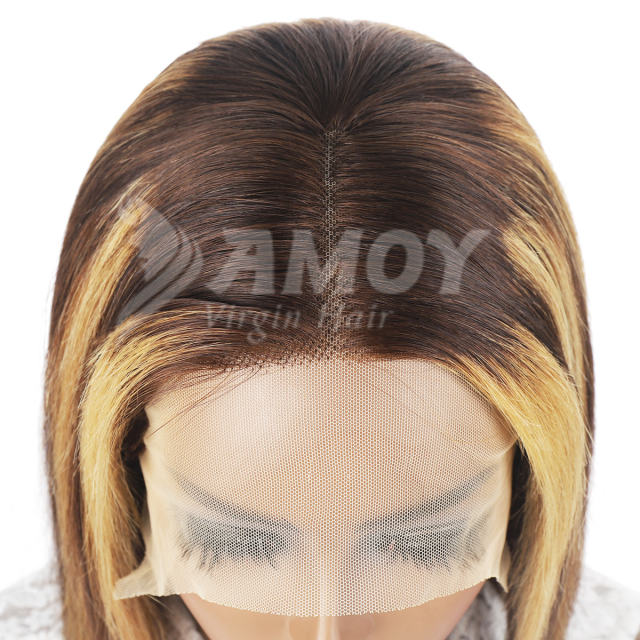 Amoy Virgin Hair T Part Bobo Lace Short Peruvian Bob P4/27 Highlight Honey Blonde Straight Hair Wigs