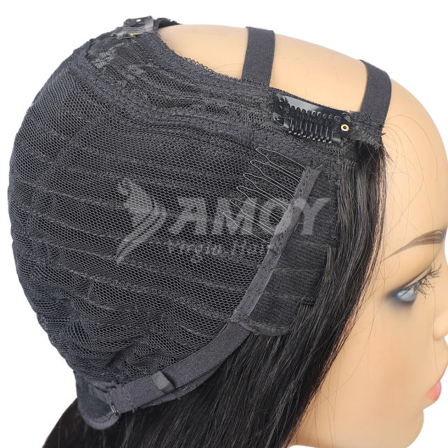 【Amoy Virgin Hair】U part Machine Made Nature Color Straight Virgin Hair Wigs 130%-180% Density